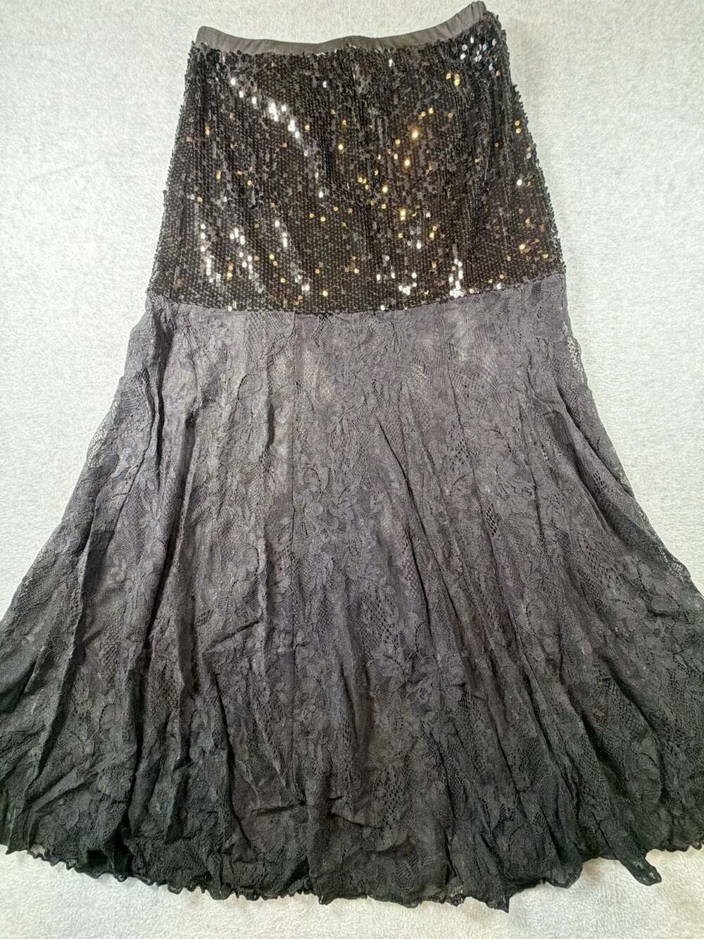 Vintage Black Sequin and Lace Midi Skirt
